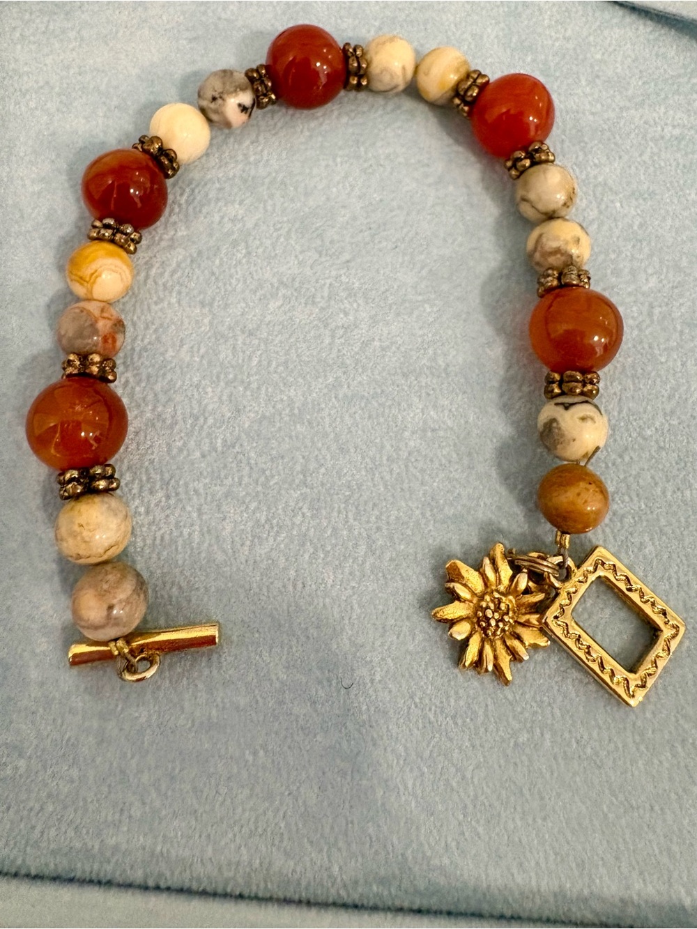 Artisan Carnelian & Howlite Beaded Bracelet with Gold Sunflowe Charm